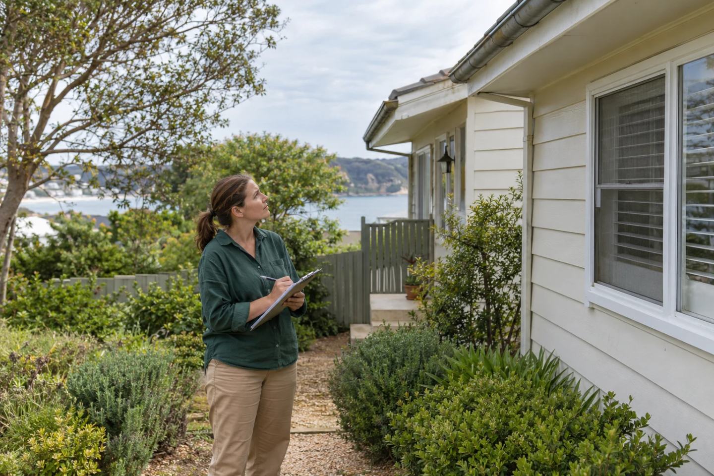 Consultant observing a house exterior without touching the building materials.
