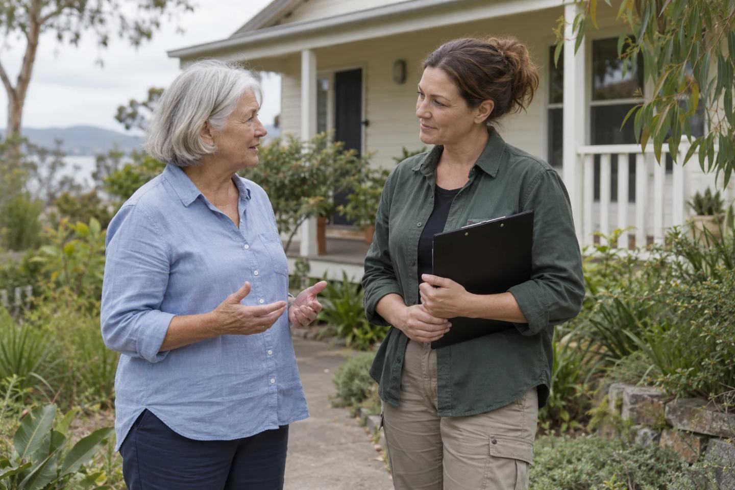 Homeowner speaking with a consultant outside a house.